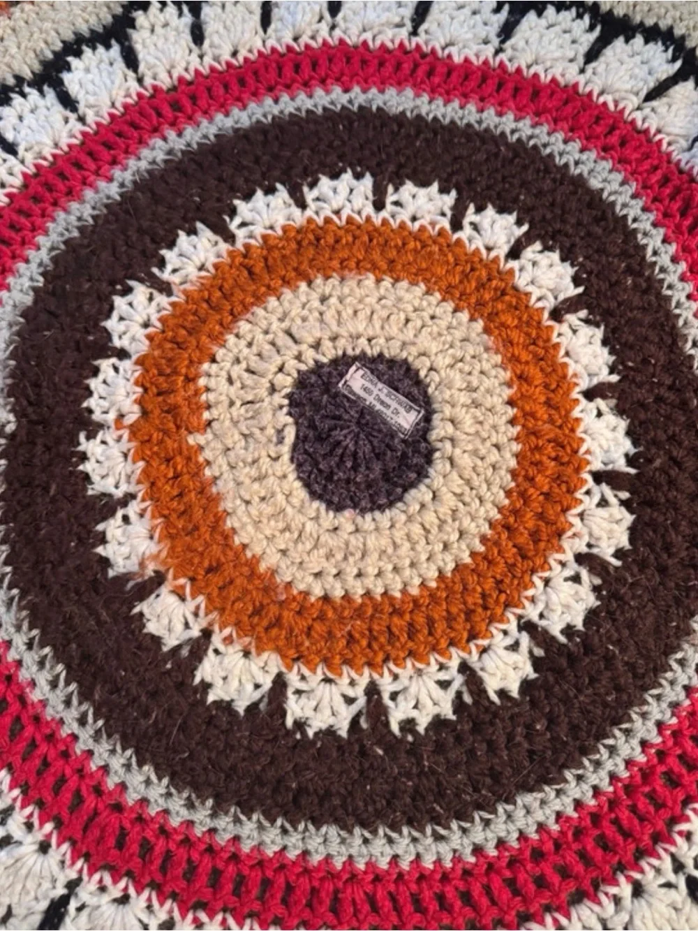 Handmade Crochet Round Throw in Cream, Brown, Pink & Orange